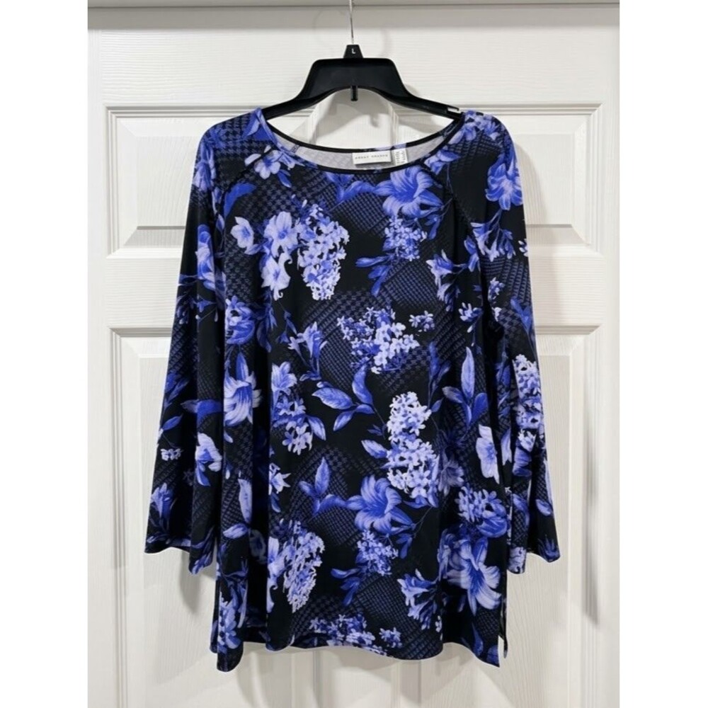 Susan Graver Liquid Knit Floral Tunic Length Top, 3/4 Sleeve, Purple, Size L